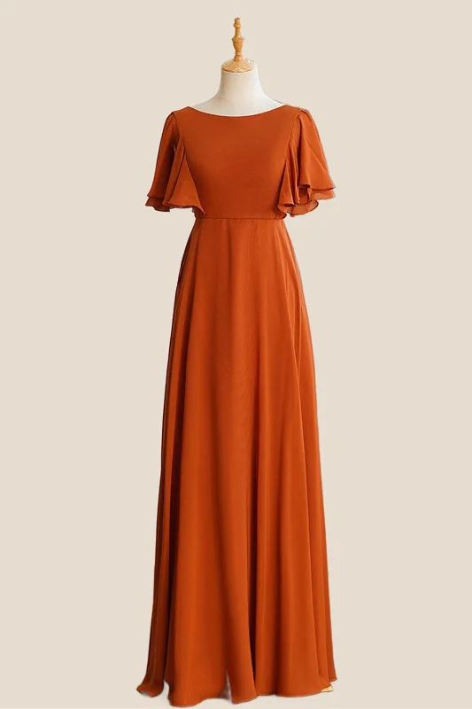 Limited Availability classic fit-and-flare dressOrange Chiffon Scoop Ruffle Sleeves A-line Long Bridesmaid Dress Limited Availability classic fit-and-flare dressOrange Chiffon Scoop Ruffle Sleeves A-line Long Bridesmaid Dress
