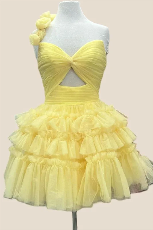 Warehouse Sale party dressOne Shoulder Yellow Ruched Tiered Short Dress