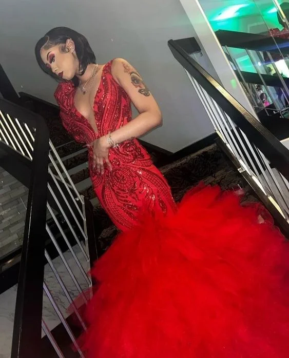 Bargain Blast satin dressGenerous Mermaid V Neck Prom Dress, Mermaid Red Prom Dress Y1374