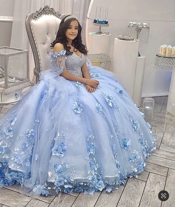 Amazing Deals casual day dressLight Blue Quinceanera Dress Off Shoulder 3D Flowers Beads Puffy Party Princess Sweet 16 Gown,Light Blue Ball Gown Y1088