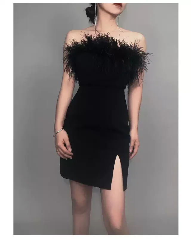 YEAR-End Sale chic shift dressWomens Feather Off Shoulder Bandage Dresses Side Split Cocktail Party Bodycon Dress Black Short Homecoming Dress Y1356