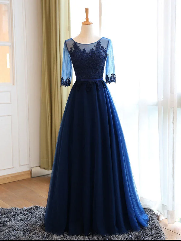 Price Drop Alert Chic Prom Dresses Sexy Dark Navy Appliques Lace-up Long Prom Dress/Evening Dress JKL080