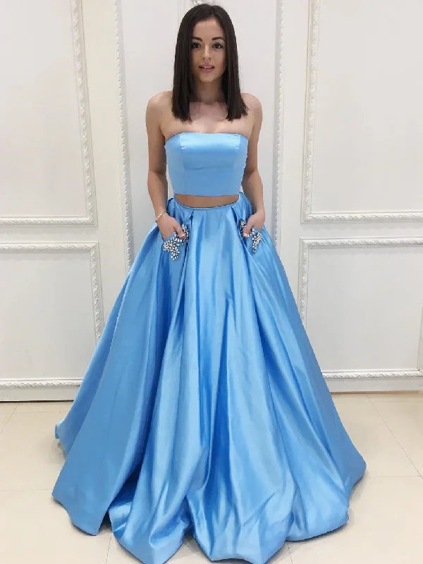 Unmissable Offer Two Piece Prom Dresses A-line Strapless Floor-length Rhinestone Long Sexy Prom Dress JKL710