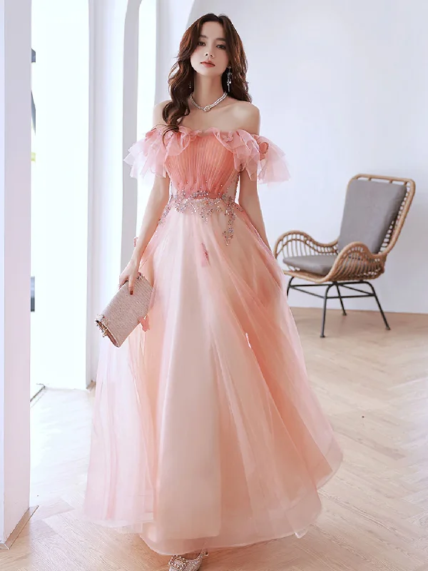 Instant Savings formal dressPink Off Shoulder Tulle Long Prom Dress, Pink Tulle Formal Dress Y584 Instant Savings formal dressPink Off Shoulder Tulle Long Prom Dress, Pink Tulle Formal Dress Y584