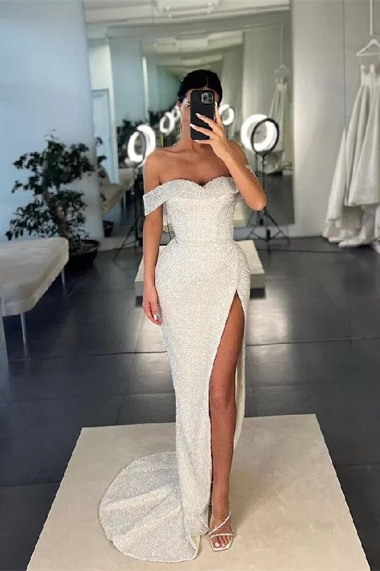 Unmissable Offer casual day dressMermaid White Off-the-Shoulder Sequins Prom Dress With Split Y375 Unmissable Offer casual day dressMermaid White Off-the-Shoulder Sequins Prom Dress With Split Y375