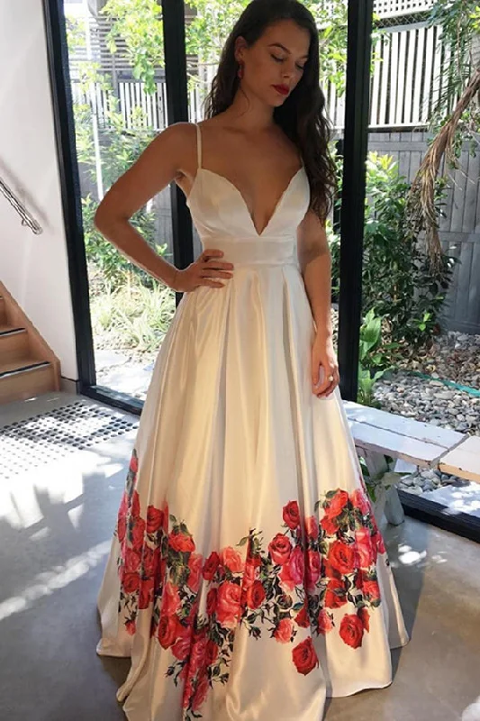 Value Deals A-Line Spaghetti Straps Floor-Length White Printed Prom Dress with Pleats JKR324
