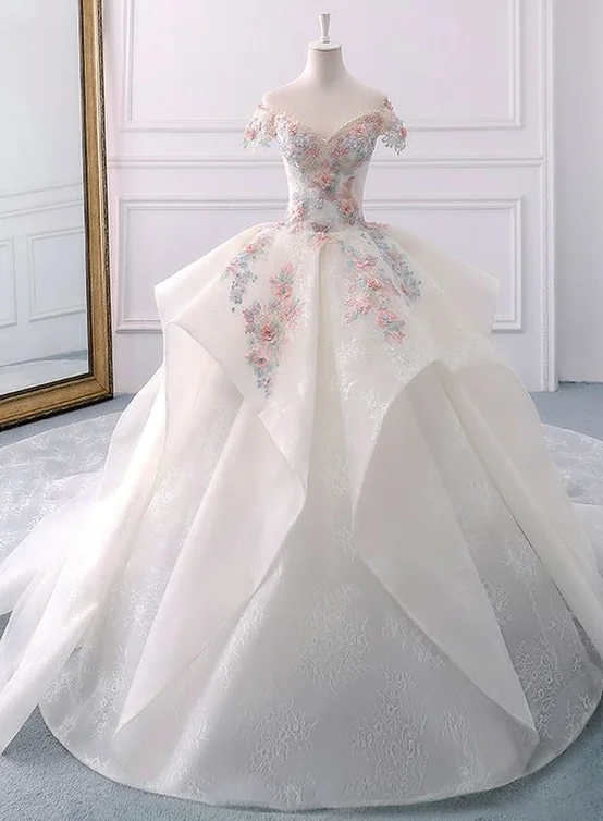 Warehouse Sale boho-chic dressStunning Off The Shoulder Flower Ball Gown Lace Wedding Dress Y1145