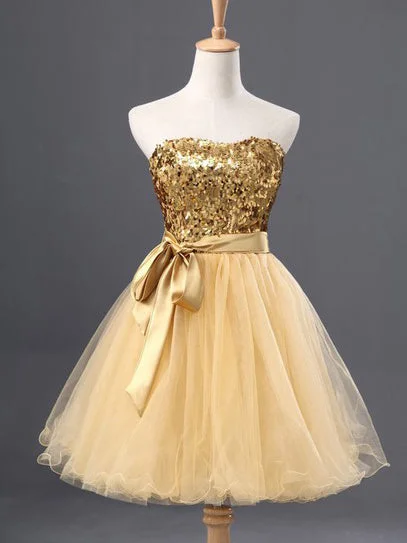 Limited Stock Homecoming Dress Gold Strapless Bowknot Short Prom Dress Party Dress JK237