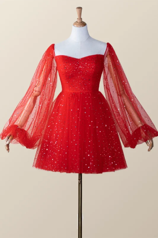 Weekend Deal ruffle dressLong Puffy Sleeves Red Stars Mini Gown