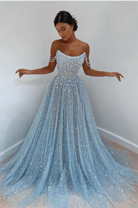 Price Meltdown Elegant Light Blue Tulle Sequins Evening Dress Strapless Long