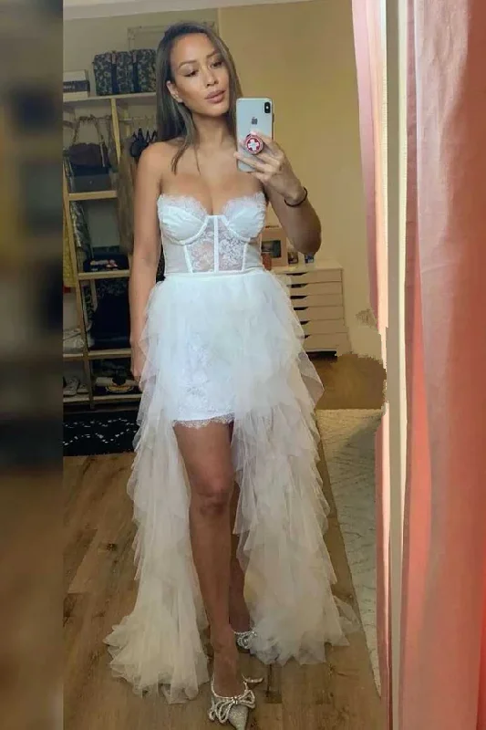 Special Discount printed dressWhite High Low Sweetheart Tulle Prom Dress With Lace, Unique Formal Gown Y1110