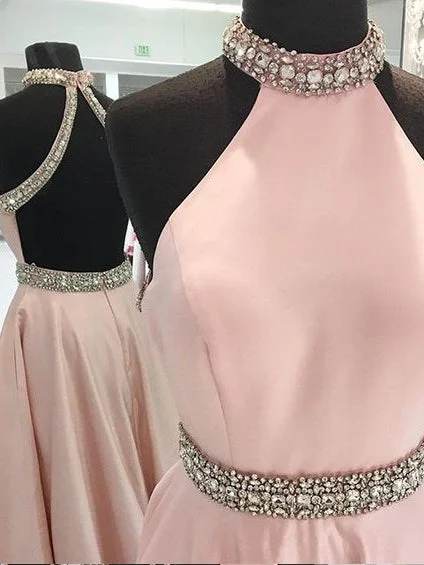 Deal Alert Sexy Prom Dresses A-line High Neck Rhinestone Long Prom Dress/Evening Dress JKL133