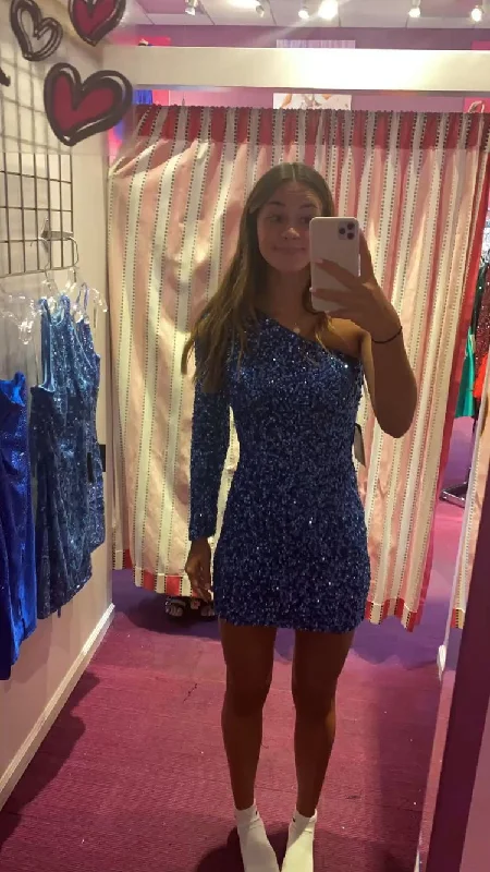 Midnight Madness statement dressShiny One Sleeve Sequins Short Homecoming Dress,Party Dress Y1199