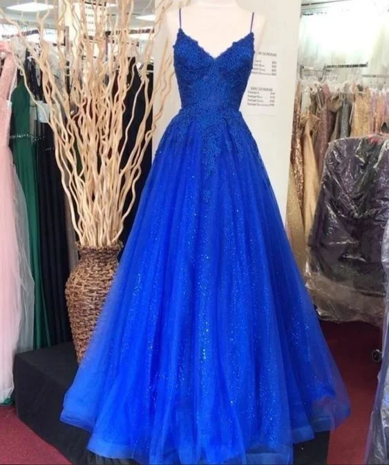 luxury dressRoyal Blue Appliques Spaghetti Prom Dresses Formal Party Dresses Y1814