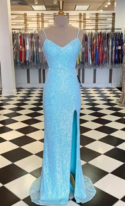 Seasonal Sale silk dressElegant Blue Spaghetti Straps Prom Dress With Side Slit,Blue Graduation Dress Y1029