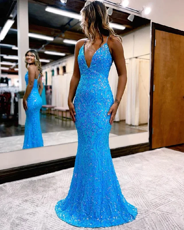 Midnight Sale draped dressCharming Mermaid V Neck Blue Lace Sequins Long Prom Dresses Y1001