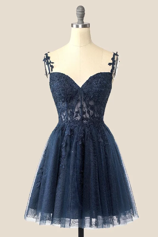 Super Sale ashionable dressNavy Blue A-line Lace Appliques Short Homecoming Dress