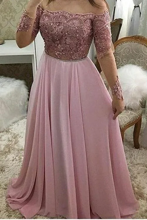 Big Savings Off Shoulder Full Sleeves Long Prom Dress 2022 Custom Made Beaded Pink Burgundy Evening Party Dress JKL6666
