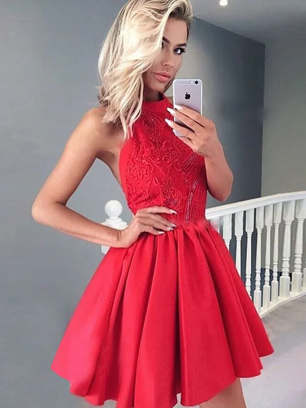 TIME-Limited Offer Chic Red Homecoming Dress Satin Lace Short Prom Dress Party Dress JKS065
