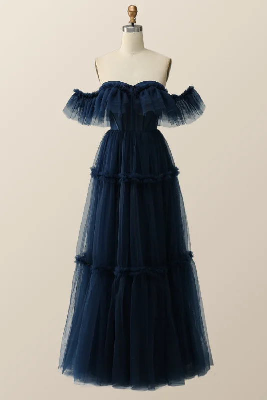 Today’s Deal ashionable dressOff the Shoulder Navy Blue Tulle Formal Gown