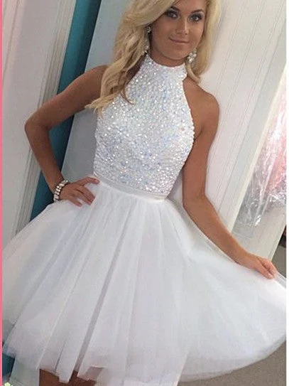 Major Savings Homecoming Dress Sexy White Halter Tulle Short Prom Dress Party Dress JK202