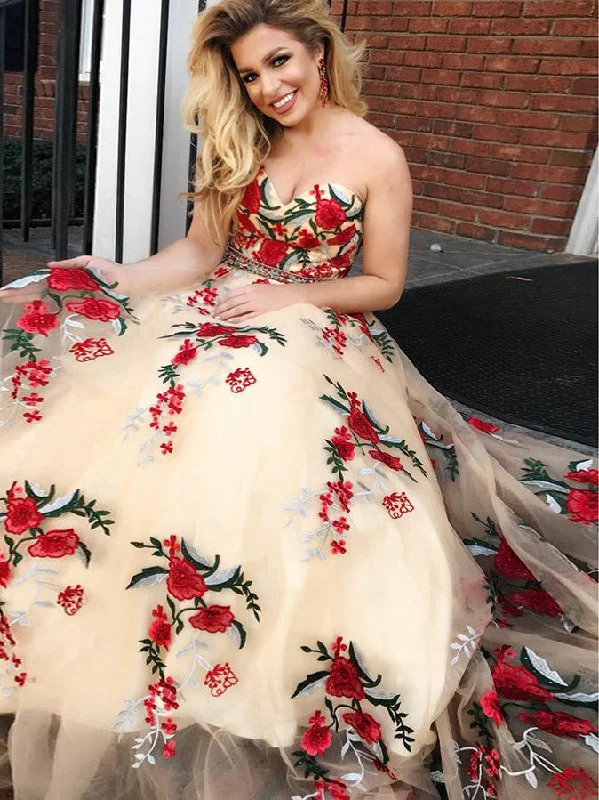 Unmissable Offer Beautiful Prom Dresses Sweetheart A-line Embroidery Tulle Long Prom Dress JKL927