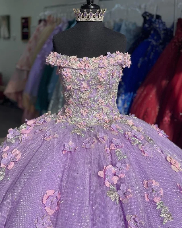 Steals and Deals party dressApplique Off Shoulder Shiny Elegant Tulle Ball Gown 3D Flowers Princess Dress Sweet 15th Y285