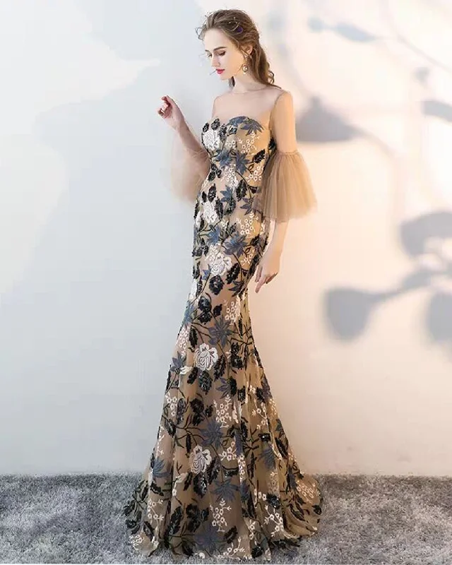 Early Access Exquisite Lace Illusion Half Sleeves Trumpet/Mermaid Prom Evening Dress JKR601