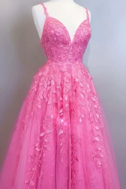 Instant Savings cocktail dressA-line bright pink lace appliqued long prom dress with lace up back Y58 Instant Savings cocktail dressA-line bright pink lace appliqued long prom dress with lace up back Y58