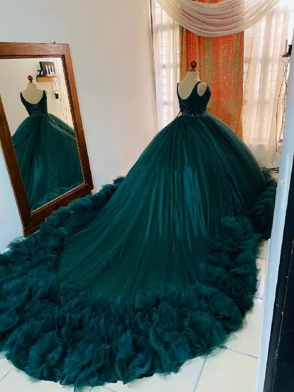 Sale Event boho dressStunning Tulle Lace-up Back Ball Gown,Teal Princess Dress With Ruffles Y1233