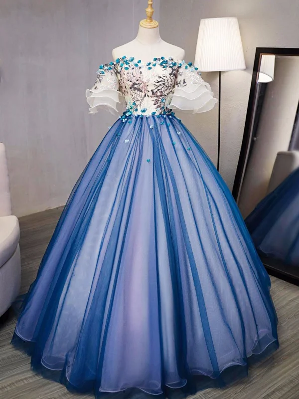 Markdowns Ball Gown Prom Dresses Royal Blue and Ivory Hand-Made Flower Prom Dress/Evening Dress JKL348