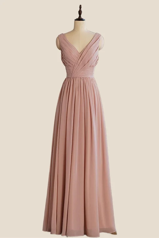 Bargain Prices casual evening dressV Neck Blush Pleated A-line Long Dress