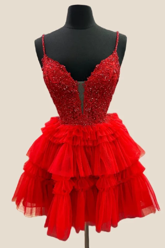 Flash Sale chic slip dressPlunge V-neck Red Appliques Ruffle Short Dress