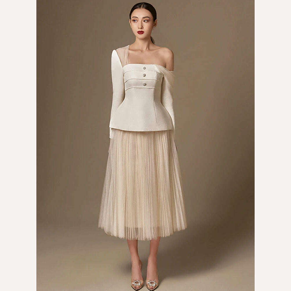 Overstock fitted trench coatDEAT Elegant 2 Pcs Set Mesh Patchwork Skew Collar Off Shoulder Coat High Waist Pleated Skirt Women Suit 2024 Summer New 13DB3390